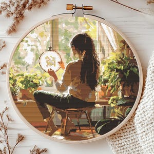 Embroidery Girl Cross Stitch Pattern PDF Instant Download Sewing cross pattern Punto de cruz Modern Cross stitch Cozy At Home Wall Art