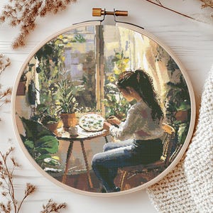 Embroidery Girl Cross Stitch Pattern PDF Instant Download Sewing cross pattern Punto de cruz Modern Cross stitch Cozy At Home Wall Art
