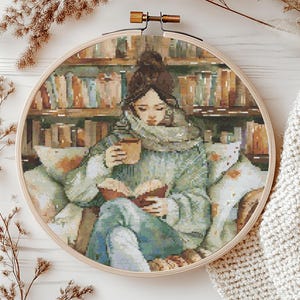 Woman in Library Cross Stitch Pattern PDF Modern Decoration Instant Download Book Lover Cross Stitch Chart Girl Punto de Cruz File