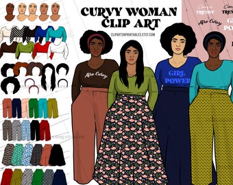 Curvy Woman Clipart Commercial Use - Afro Woman Portrait Clip Art - Women Clip Art - Fashion Clipart - Customizable Women Portrait - African