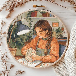 Embroidery Girl Cross Stitch Pattern PDF Instant Download Sewing cross pattern Punto de cruz Modern Cross stitch Cozy At Home Wall Art