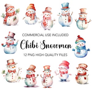 Chibi Snowmen Clipart  - 12 High Quality Transparent Background PNGs - Digital Download - Card Making, Mixed Media, Digital Paper Craft