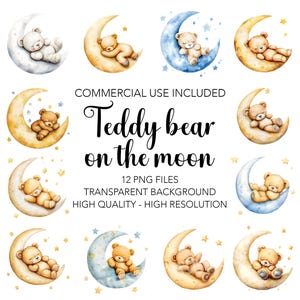 Teddybär auf dem Mond Clipart - 12 hochwertige transparente Hintergrund PNGs, digitaler Download - Kartenherstellung Mixed Media, digitales Handwerk