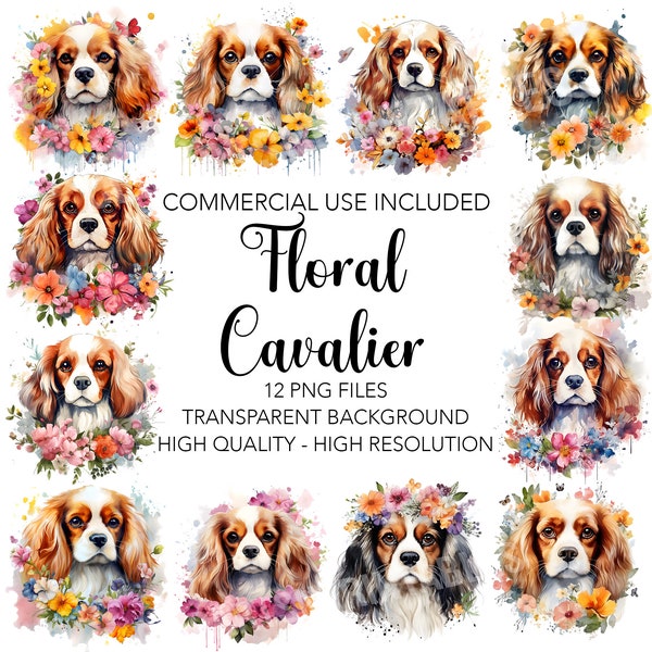 Floral Cavalier King Charles Spaniel Clipart, 12 PNG d’arrière-plan transparent de haute qualité - Téléchargement numérique, Fabrication de cartes pour chiens, Artisanat numérique