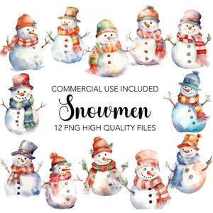 Snowmen Watercolor Clipart, 12 PNGs for Digital Download, Transparent Background Card Making, Digital Collage, Digital Crafts Making Files