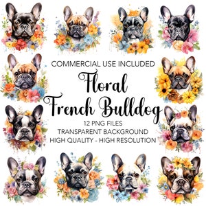 Floral French Bulldogs Clipart, 12 High Quality Transparent Background PNGs - Digital Download, Dog Card Making, Mixed Media Digital Craft