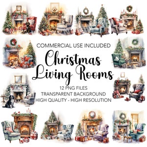 Christmas Living Rooms Clipart - 12 High Quality Transparent Background PNGs - Digital Download - Card Making, Mixed Media, Digital Craft