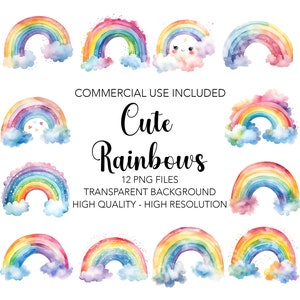 Cute Rainbows Clipart, 12 High Quality Transparent Background PNGs, Fire Digital Download, Rainbows Card Making, Mixed Media Craft