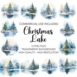 Christmas Lakes Clipart - 12 High Quality Transparent Background PNGs - Digital Download, Christmas Card Making, Mixed Media Digital Craft