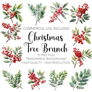 Christmas Tree Branch-  12 High Quality Transparent Background PNGs - Digital Download, Christmas Card Making, Mixed Media Digital Craft