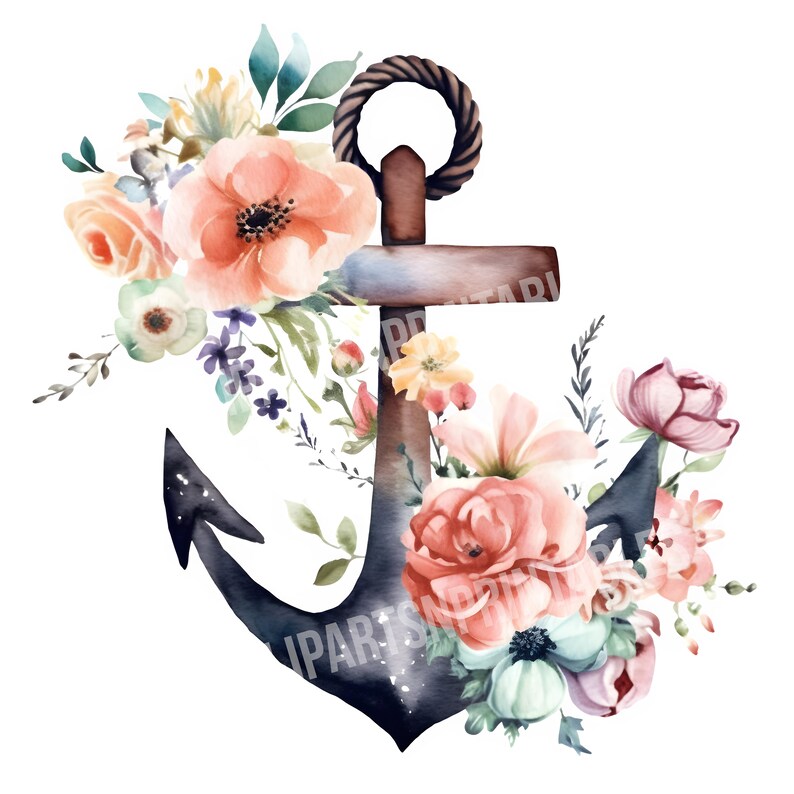 Floral Anchors Watercolor Clipart, 12 JPG and 12 PNG Files for Digital
