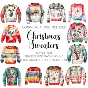 Christmas Sweaters Clipart - 12 High Quality Transparent Background PNGs - Digital Download, Floral Card Making, Mixed Media Digital Craft