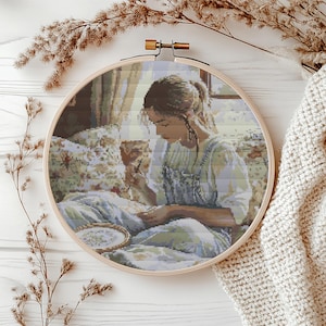 Embroidery Girl Cross Stitch Pattern PDF Instant Download Sewing cross pattern Punto de cruz Modern Cross stitch Cozy At Home Wall Art