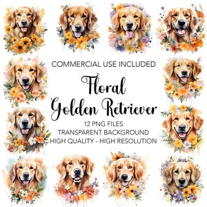 Floral Golden Retriever Clipart, 12 High Quality Transparent Background PNGs - Digital Download, Dog Card Making, Mixed Media Digital Craft