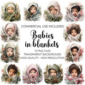 Babies in Blankets Clipart, 12 High Quality Transparent Background PNGs - Digital Download, Christmas Card Making, Mixed Media Digital Craft