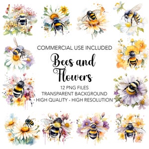 Bees and Flowers Clipart - 12 High Quality Transparent Background PNGs - Digital Download, Floral Card Making, Mixed Media Digital Craft