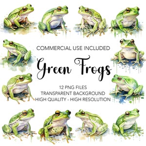 Green Frogs Clipart, 12 High Quality Transparent Background PNGs, Digital Download, Animals Card Making, Mixed Media, Digital Paper Craft