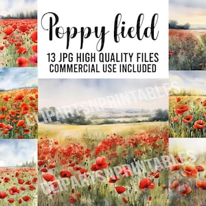 Poppy Field Watercolor Clipart, 13 JPGs for Digital Download, Card Making, Clip Art, Digital Collage, Digital Crafts Making Files