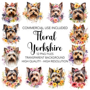 Floral Yorkshire Clipart, 12 High Quality Transparent Background PNGs - Digital Download, Dog Card Making, Mixed Media Digital Craft