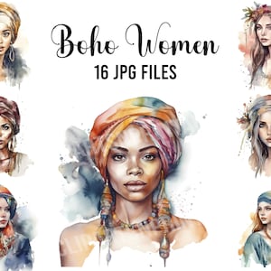 Boho vrouwen aquarel clipart, 16 JPG's voor digitale download, kaart maken, illustraties, digitale collage, digitale ambachten maken van bestanden