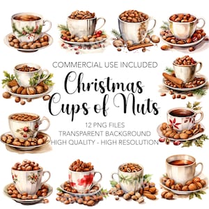 Christmas Cups of Nuts- 12 High Quality Transparent Background PNGs - Digital Download, Christmas Card Making, Mixed Media Digital Craft
