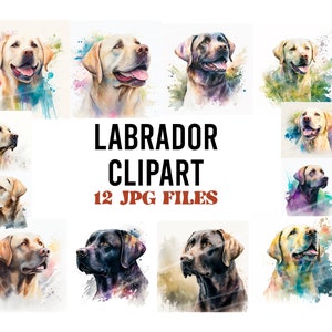 Labrador Dogs Watercolor Clipart, 12 JPG Files for Digital Download, Card Making, Clip Art, Digital Paper Craft, High Quality Dog Images