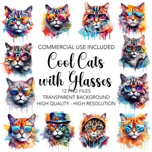 Cool Cats with Glasses Clipart, 12 High Quality Transparent Background PNGs, Digital Download, Card Making, Mixed Media, Digital Paper Craft