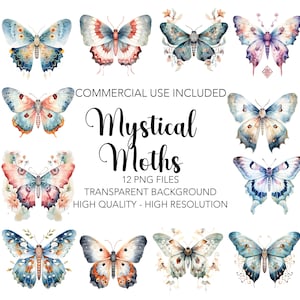 Mystische Nachtfalter Clipart, 12 hochwertige transparente Hintergrund PNGs, digitaler Download, mystische Kartenherstellung, Mixed Media Digital Craft