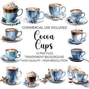 Christmas Cocoa Cups - 12 High Quality Transparent Background PNGs - Digital Download, Christmas Card Making, Mixed Media Digital Craft