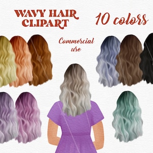 Add-On Wavy Hair Clipart Commercial Use - Hairstyle Clip Art- Hair PNG Files - Wavy Hairstyle Clipart 10 colors - DIY Women Portrait Maker