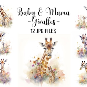 Cute Baby Giraffe and Mama Clipart, 12 JPGs for Digital Download, Giraffes Card Making Clip Art, Digital Collage, Digital Craft Mom and baby