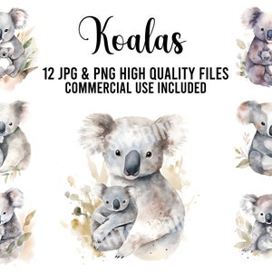 Koalas Watercolor Clipart, 12 PNGs and JPGs and for Digital Download, Card Making, Clip Art, Digital Collage Craft Making Files