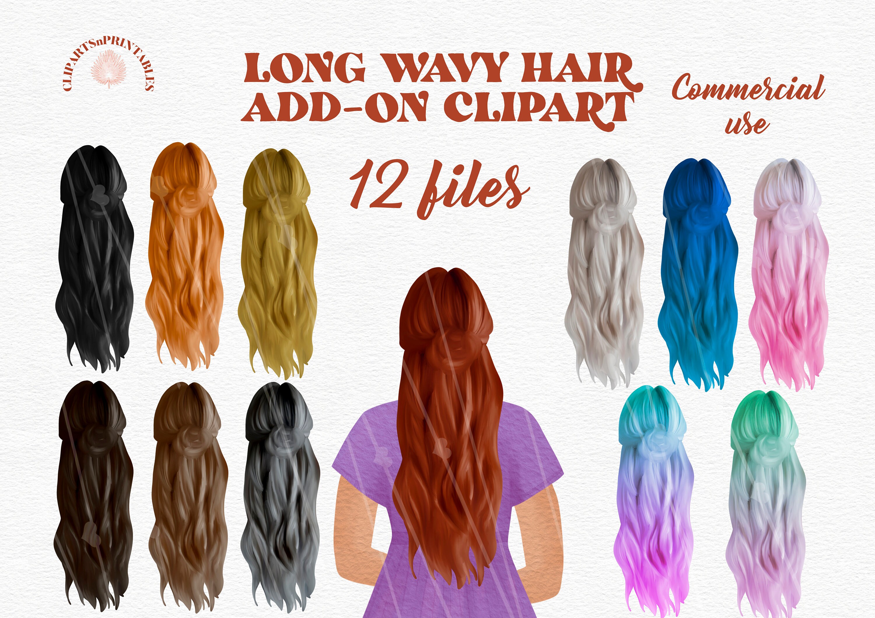 Add-on Long Wavy Hair Clipart Commercial Use - Hairstyle Clip Art- Hair