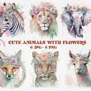 Animals With Flowers Watercolor Clipart, JPG and PNG Files for Digital Download, Card Making Clip Art, Digital Paper Craft, Scrapbooking