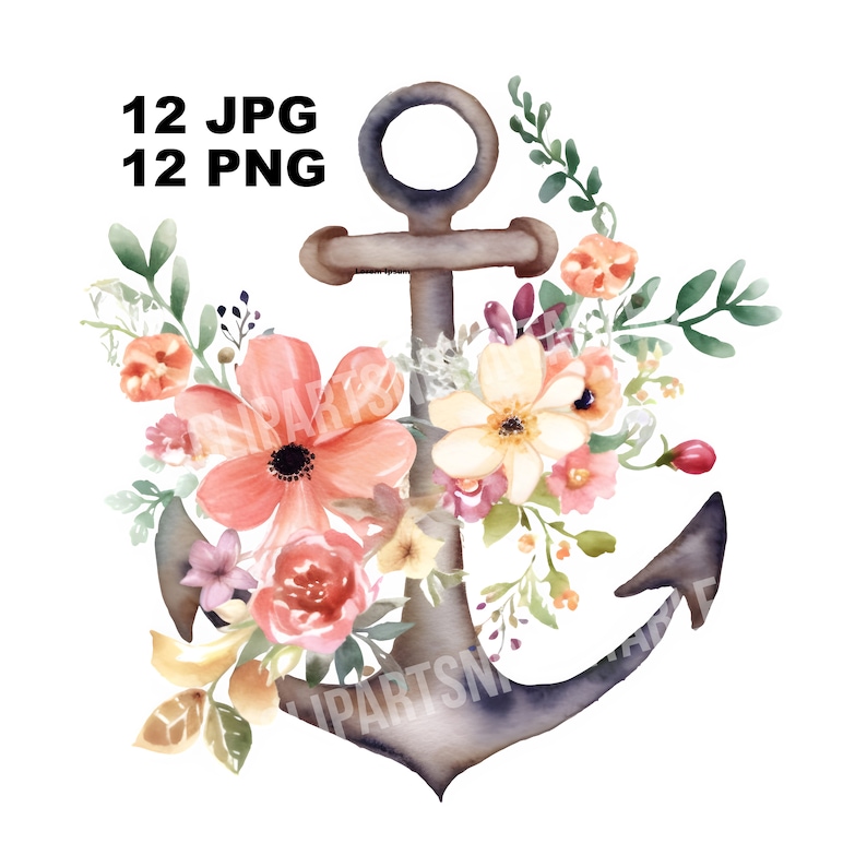 Floral Anchors Watercolor Clipart, 12 JPG and 12 PNG Files for Digital