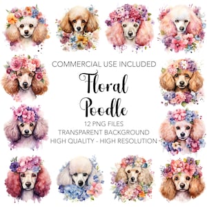 Floral Poodles Clipart, 12 High Quality Transparent Background PNGs - Digital Download, Dog Card Making, Mixed Media Digital Craft