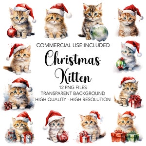 Christmas Kitten Clipart  - 12 High Quality Transparent Background PNGs - Cat Digital Download Card Making, Mixed Media, Digital Paper Craft