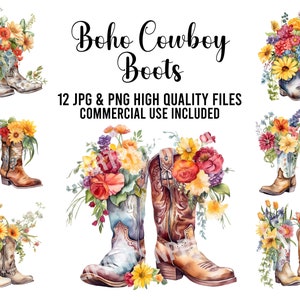 Boho Floral Cowboy Boots Watercolor Clipart, 12 PNGs and JPGs and for Digital Download, Card Making, Clip Art, Digital Collage Craft Making