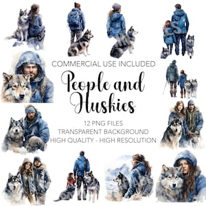 Personnes et Huskies - 12 fond de chien Transparent de haute qualité PNG - téléchargement numérique Husky, fabrication de cartes animaux, création numérique technique mixte