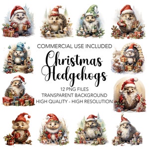 Christmas Hedgehogs Clipart - 12 High Quality Transparent Background PNGs - Digital Download - Card Making, Mixed Media, Digital Paper Craft