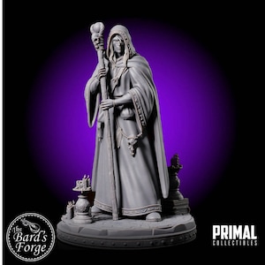 May include: A gray painted miniature figurine of a wizard holding a staff with a skull at the top. The wizard is wearing a long robe with intricate details. The figurine is standing on a circular base with a textured surface. The base has a small candle holder on each side. The figurine is part of a collection of fantasy miniatures.
