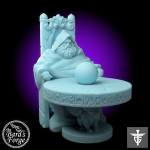 May include: A light blue miniature figurine of a wizard sitting on a throne with a crystal ball in his hand. The wizard is wearing a robe and has a long white beard. The throne is ornately decorated and has a high back. The wizard is sitting at a table with a circular top. The table is decorated with runes and has a gargoyle base.
