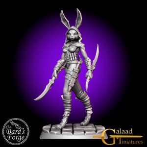 May include: A gray, 3D printed miniature of a rabbit-like humanoid figure with long ears, wearing a hooded cloak and holding two daggers. The figure is standing on a circular base with a stone-like texture.