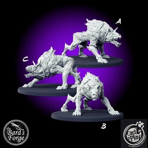May include: Three white, detailed miniature wolf figures on dark gray bases, each in a different pose. The figures are set against a purple background. The Bard's Forge and Cast n Play logos are in the lower corners.