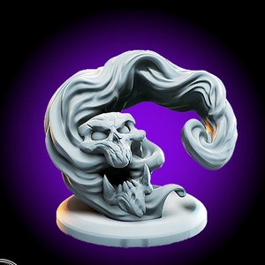 May include: A 3D printed miniature of a skull with a swirling, ghostly form. The skull has a menacing expression with sharp teeth and glowing eyes. The miniature is painted in a light gray color and is set on a circular base.