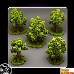 May include: Five miniature green trees with brown trunks and bases, each on a square green base. The trees are made of small, square blocks and have a pixelated appearance. The trees are arranged in a semi-circle on a gray surface. The text "Paint Your Monsters" is visible in the lower right corner of the image.