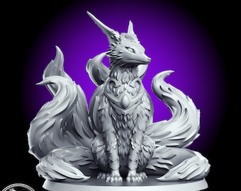 May include: A white, detailed, 3D printed figurine of a nine-tailed fox with a jeweled collar. The fox is sitting with its tail curled around its body. The figurine is on a round base.