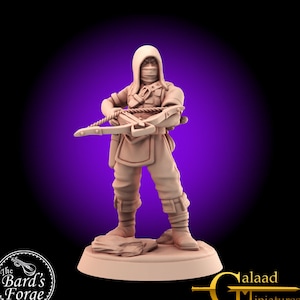May include: A tan-colored miniature figure of an archer, holding a crossbow. The figure is wearing a hooded cloak and a face covering. The Bard's Forge and Galaad Miniatures logos are visible.