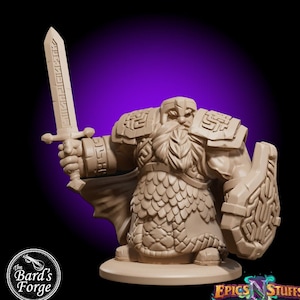 May include: A miniature figurine of a dwarf warrior, painted in a light brown color. The dwarf is wearing chainmail armor, a helmet, and a cloak. He is holding a sword in one hand and a shield in the other. The figurine is standing on a round base.