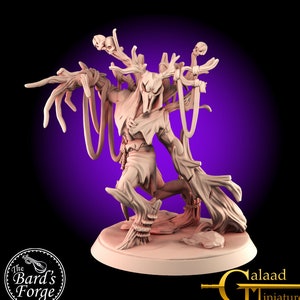 May include: A detailed miniature of a tree creature with a skeletal mask, gnarled branches, and skeletal hands. The creature is posed in a dynamic stance, with its arms outstretched. The miniature is painted in a light brown colour and is set on a circular base.